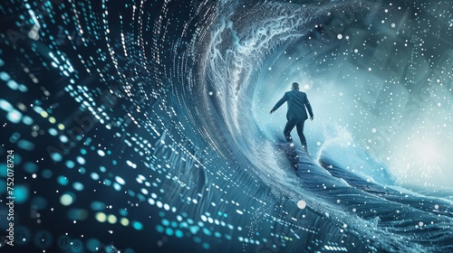 Thrilling surf: man on hoverboard rides binary code wave in digital adventure