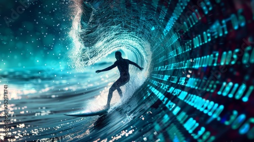 Thrilling surf: man on hoverboard rides binary code wave in digital adventure