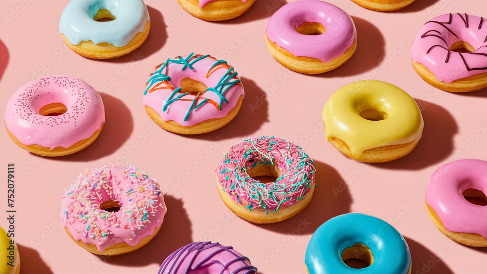 A Feast of Donuts with Colorful Icing and Toppings on Pink Background A Feast of Donuts with Colorful Icing and Toppings on Pink Background