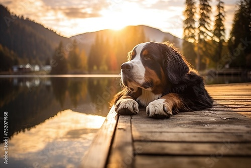 A Bernese Mountain Dog Enjoying Lakeside Sunset. Generative AI. photo