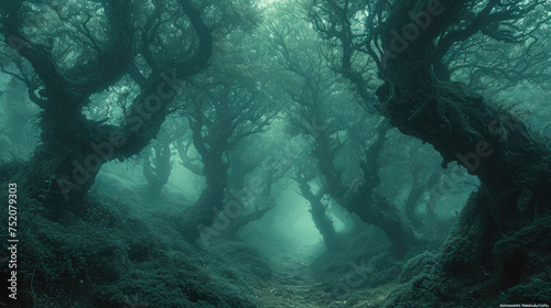ancient mystical forest with tall twisted trees background © PNG