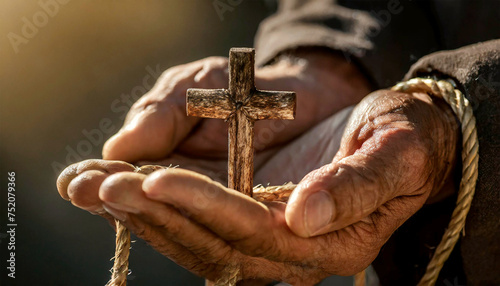 Extreme closeup of a wrinkled hand of an old man holding a small wooden religious cross with ropes, religious symbol of Christianity or prayer. Generative Ai.