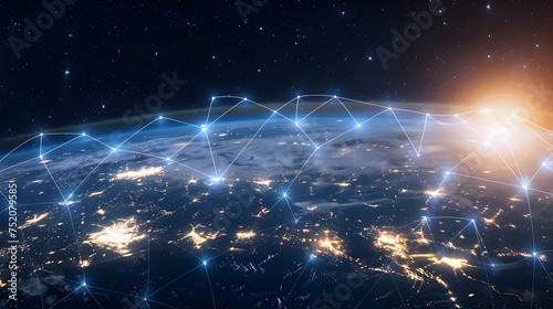 Connection lines around the Earth's surface, future technology backdrop with circles and lines. Internet, social media, travel, or logistical concepts.