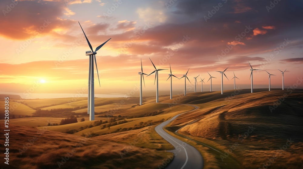 An image of a vast landscape with wind turbines high above the horizon. An image of a vast landscape with wind turbines high above the horizon.