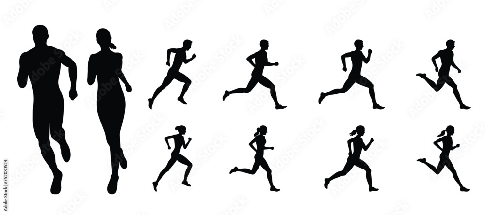 Runners, silhouettes of men and women running on a white background. People jogging, full body, side view. Vector illustration.