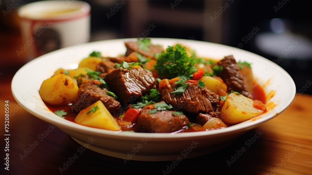 Stewed beef and potatoes in a white bowl on the table. roast.