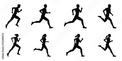 Runners, silhouettes of men and women running on a white background. People jogging, full body, side view. Vector illustration.