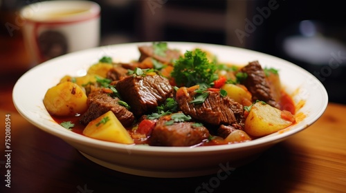 Stewed beef and potatoes in a white bowl on the table. roast.