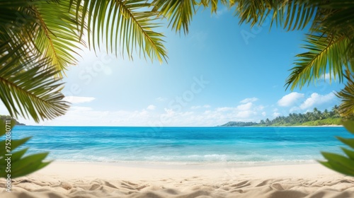 Sea panorama  tropical beach banner. view of a sandy beach with palm trees and ocean
