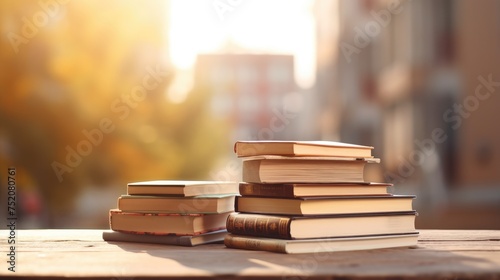 composition of many books, stack or pile of books on a wooden table, with copy space.