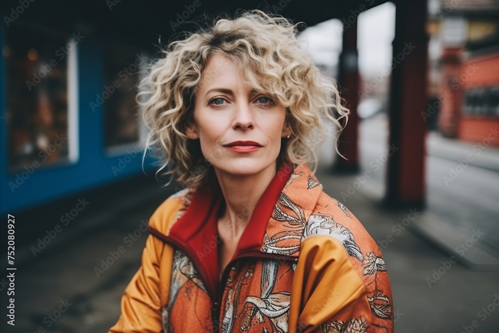 Portrait of a beautiful young woman with curly blond hair in a yellow jacket.