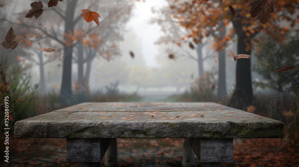 A stone bench is positioned in front of a dense forest filled with vibrant leaves in the autumn season A stone bench is positioned in front of a dense forest filled with vibrant leaves in the autumn season