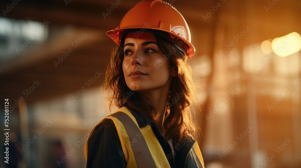 Portrait of a leader standing in a hard hat. woman in a helmet. engineer or builder. architect Portrait of a leader standing in a hard hat. woman in a helmet. engineer or builder. architect