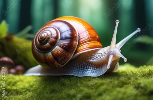 a sweet snail with beautiful shell on his back with magic mushrooms on it, magical, illustrated, enchanted forest
