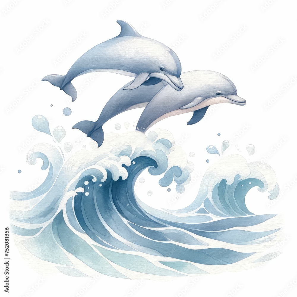 Fototapeta premium Dolphins leaping in the ocean waves.. watercolor illustration, The dolphin who is jumping out of sea water on white background. 