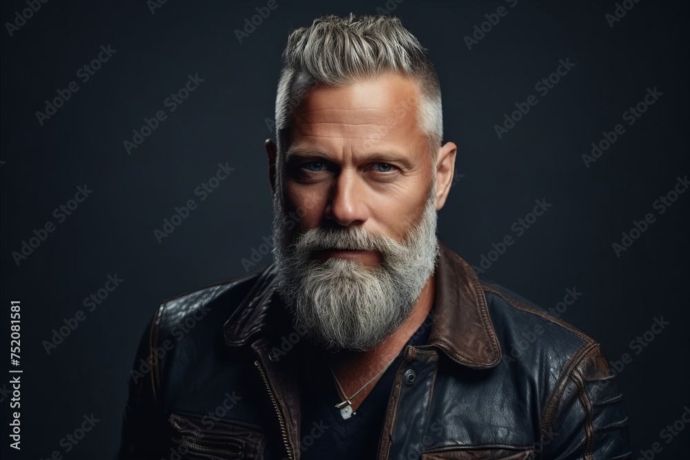 Portrait of a handsome middle aged man in a leather jacket.
