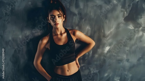Fitness sport model in fashion sportswear posing over gray wall 