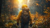 A man in a hazmat suit walks through a forest during a wildfire event