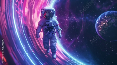 Futuristic space astronaut emerging from glowing time loop - conceptual 3d illustration