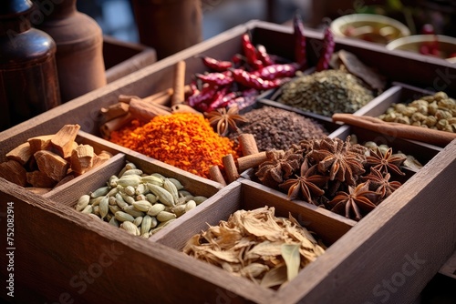 Spices and herbs in wooden box, oriental cuisine