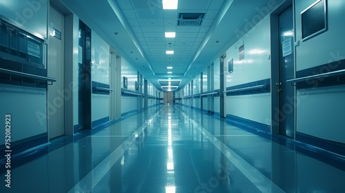 The hospital hallway is empty of people.