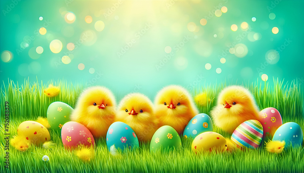 Fototapeta premium Sparkling Easter Illustration with Chicks and Eggs on Glittery Background