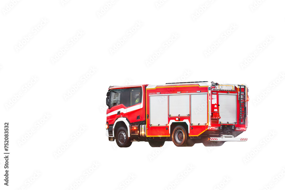 Red fire truck with a siren isolated on white background.