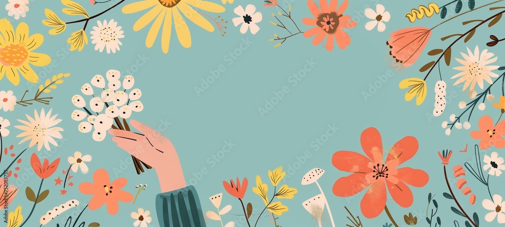 A cheerful and colorful illustration featuring a hand holding a small bouquet against a sky-blue background, surrounded by an array of whimsical flowers. Spring. A cheerful and colorful illustration featuring a hand holding a small bouquet against a sky-blue background, surrounded by an array of whimsical flowers. Spring.