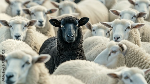 A single black sheep surrounded by a flock of white sheep, all facing the camera. The concept illustrates the idea of standing out or being different in a group. © Maxim