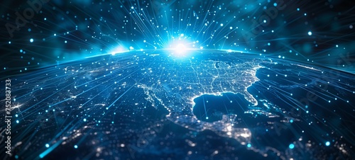 Digital globe with a focus on North America, illuminated by radiant blue light and network lines. The concept depicts the interconnectedness and data exchange across the continent.