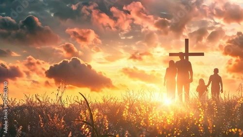 A Illustration of a family standing next to Jesus Christ cross with a beautiful sky shine scene, death and resurrection of Jesus Christ 4k video