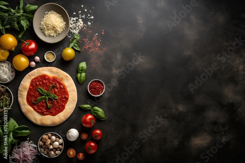 Ingredients for cooking pizza on dark background. Top view