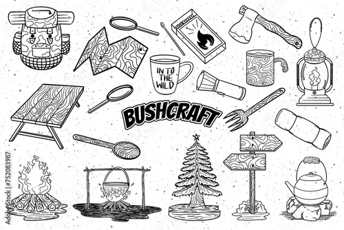 Survival equipment bushcraft hiking and camping items vector illustration