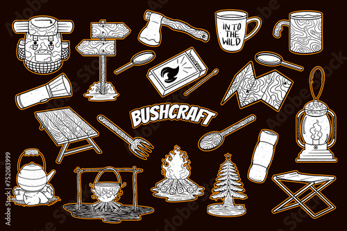 Survival equipment bushcraft hiking and camping items vector illustration