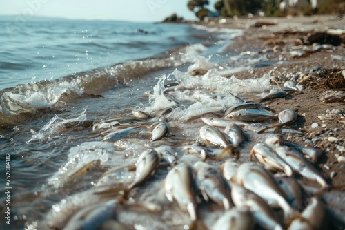 environmental impact industrial activity  Oil wastewater is spilling on beach  dead fishes on shore