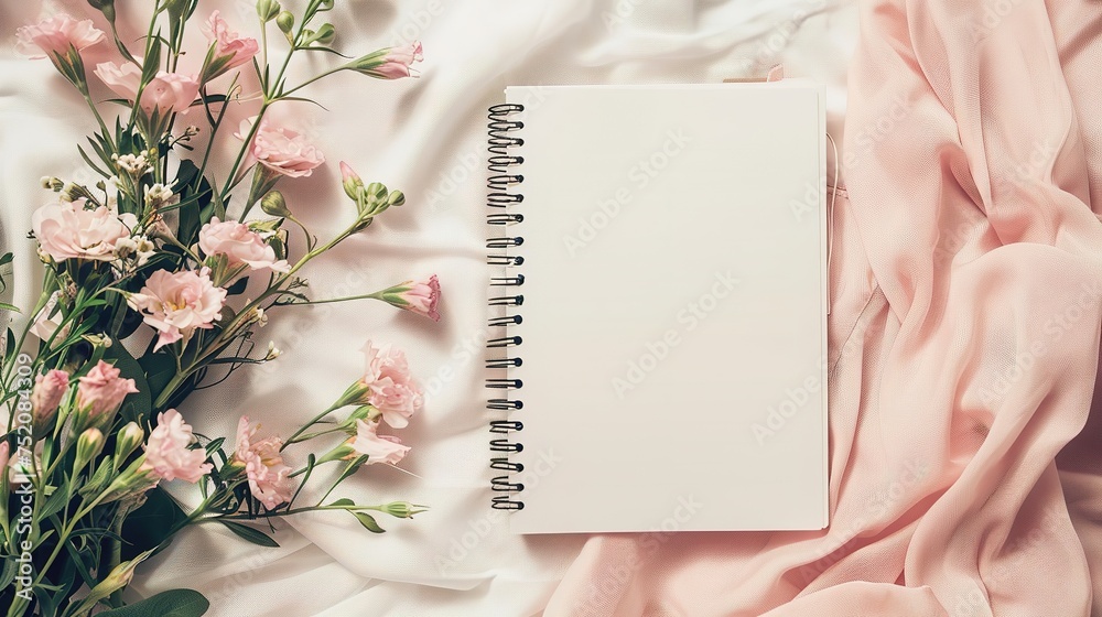Top view of flowers and blank notebook on white fabric workspace background,generative ai, - obrazy, fototapety, plakaty 