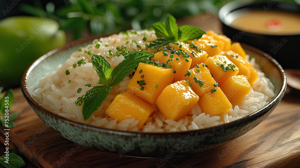 Mango Sticky Rice from Bangkok, Thailand, is a dessert with a combination of ripe mango, sweet sticky rice and coconut milk