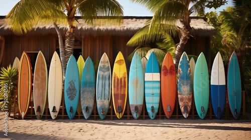 Colorful surfboards stacked at a beach shack.