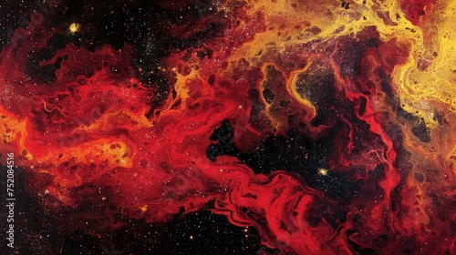 Cosmic expanse filled with red and yellow hues with a multitude of stars.