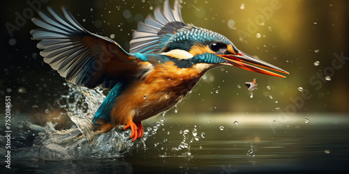 A beautiful kingfisher catching fish over the water . © *Lara*