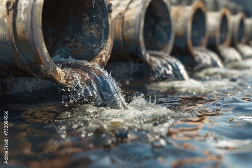 Water pollution, environment contamination. Contaminated water, Dirty sewage flows from pipe