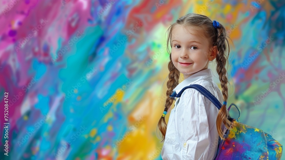 Portrait of a cheerful young girl with pigtails and a vibrant backpack against an artistic, colorful background.