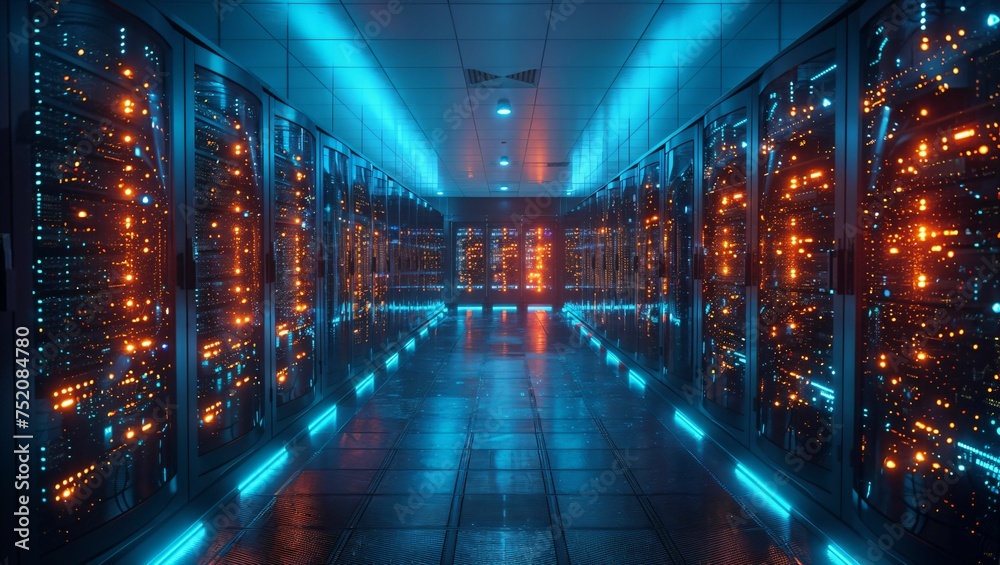 High-security cybersecurity data center, glowing servers, digital protection High-security cybersecurity data center, glowing servers, digital protection