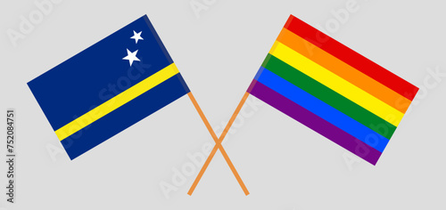 Crossed flags of Country of Curacao and LGBTQ. Official colors. Correct proportion