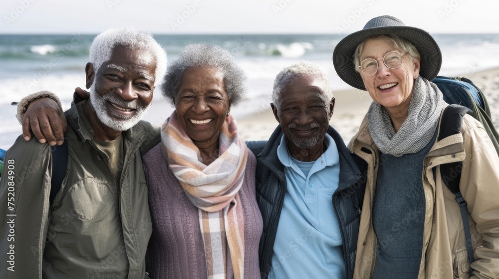 Group of cheerful elderly friends hugging and smiling on a sunny beach, showing lifelong friendship.