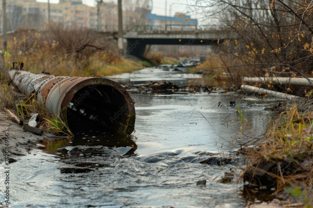 Water pollution, environment contamination. Contaminated water, Dirty sewage flows from pipe Water pollution, environment contamination. Contaminated water, Dirty sewage flows from pipe