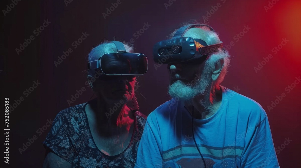 An elderly couple wearing virtual reality headsets are immersed in a digital world, illuminated by moody red and blue lighting. An elderly couple wearing virtual reality headsets are immersed in a digital world, illuminated by moody red and blue lighting.
