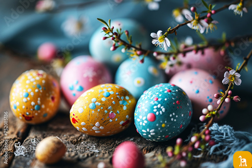 Easter background with coloured eggs. AI generative.