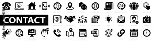 Contact icon set. Contact Us icons in flat style. Phone, e-mail, address, customer service, call, address book, idea, social media, website and more. Solid icons vector illustration