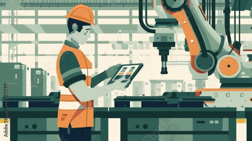 Male worker operating robot with tablet in factory - industrial automation illustration